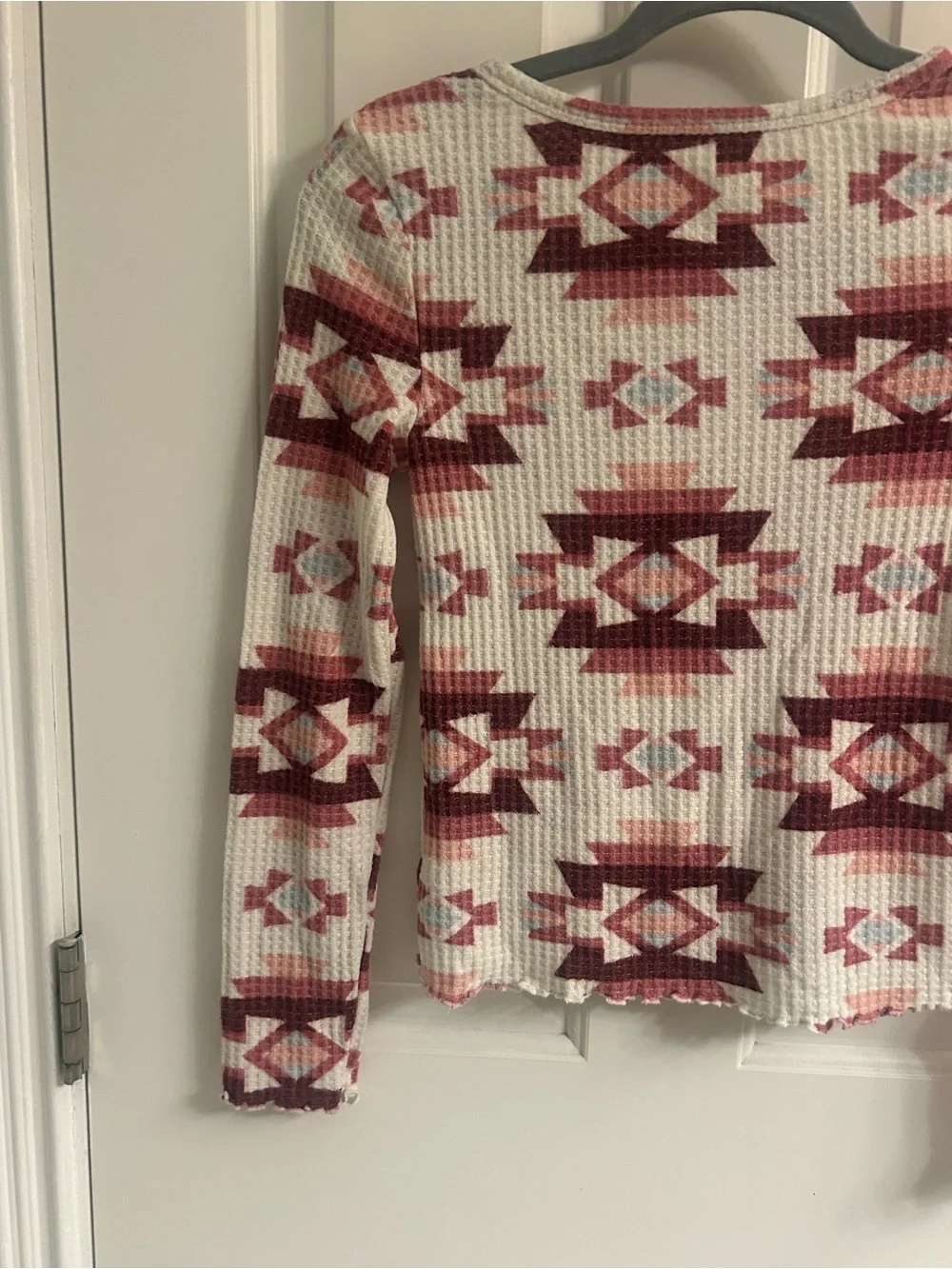 Girls Justice Cream and Burgundy Aztec Waffle-Knit Long Sleeve Top